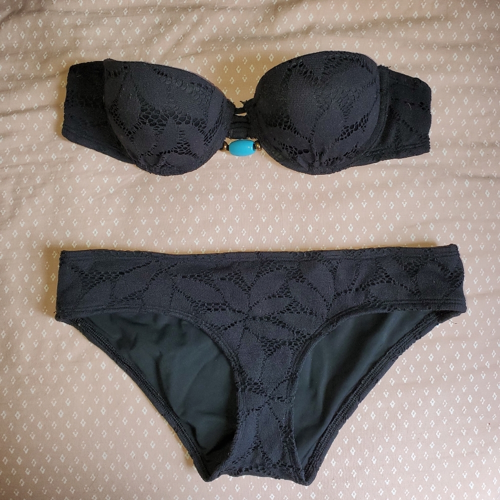 Aerie Black Crochet Lace Swimsuit Set
